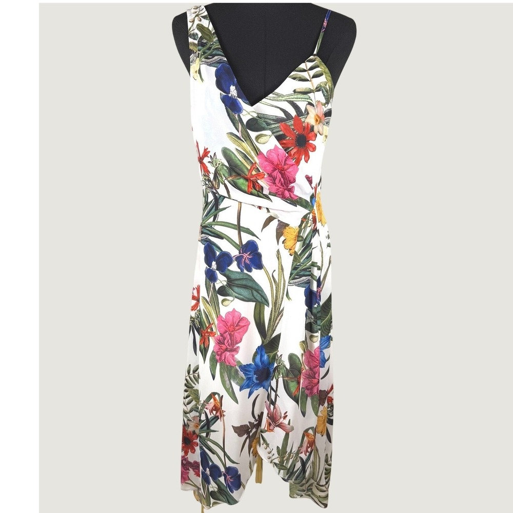 Parker New York Tropical Floral Asymmetric Midi Faux Wrap Dress Size S EUC